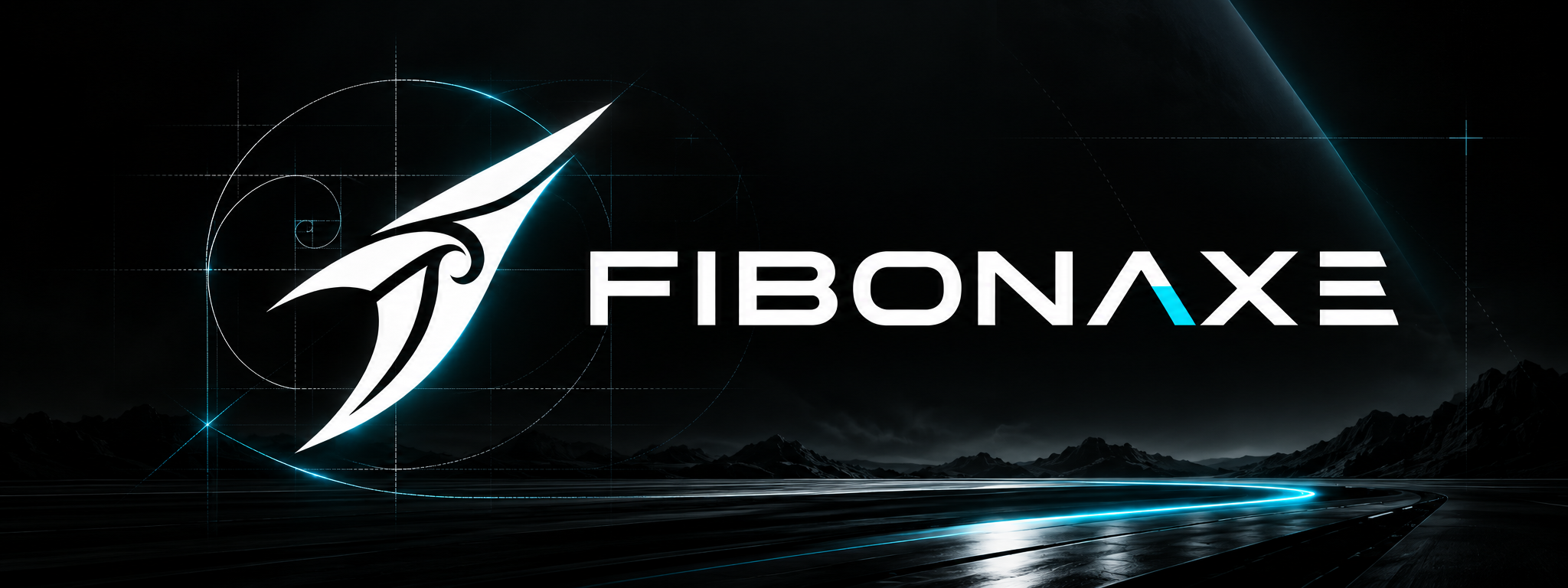 FIBONAXE logosu, elektrik mavisi ışıklar ve geometrik çizgilerle siyah zemin üzerinde